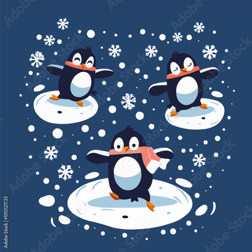 Cute penguins sliding on ice with snowflakes, winter wonderland, vector illustration for t-shirt, flat style.