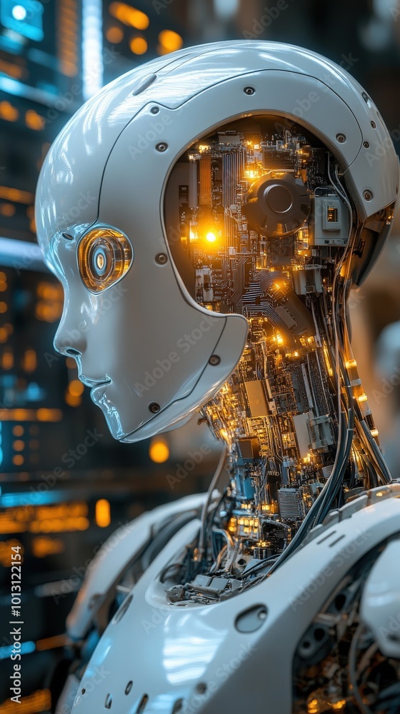 Fototapeta premium A futuristic robot showcasing intricate mechanics and glowing circuits, symbolizing advanced technology and innovation.
