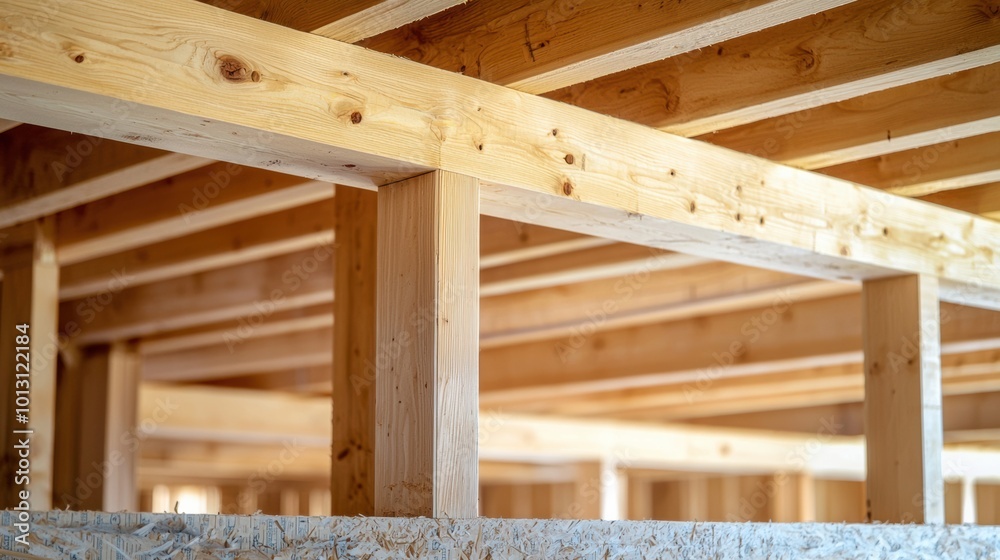 Wooden Framing Beams in Residential Construction Site Wooden Framing Beams in Residential Construction Site