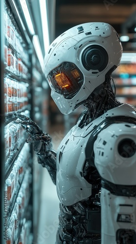 A futuristic robot interacting with a display of products in a modern retail environment, showcasing advanced technology.