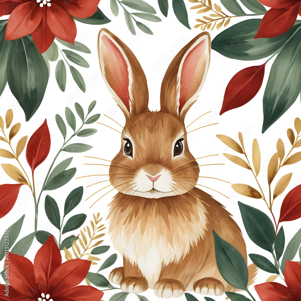 Charming rabbit portrait surrounded by vibrant flowers and leaves for artistic and decorative use