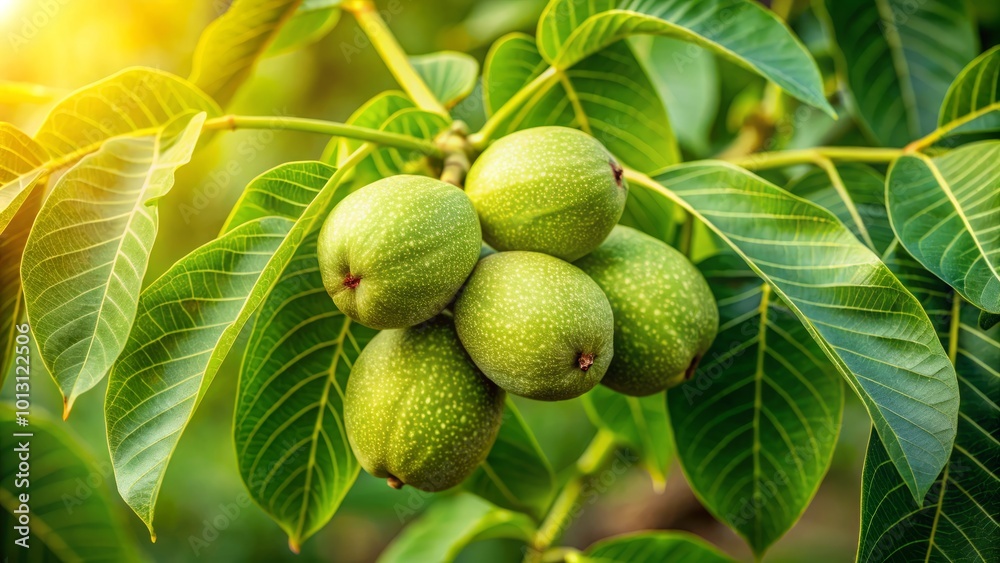 A close view of young walnuts on tree branches amid rich green foliage, illustrating the beauty of organic A close view of young walnuts on tree branches amid rich green foliage, illustrating the beauty of organic