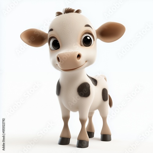 Cute cartoon calf with black spots on white fur standing on white background looking to the side.