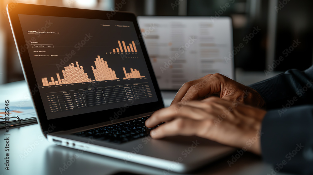 Hands typing on a laptop with data graphs displayed. Hands typing on a laptop with data graphs displayed.
