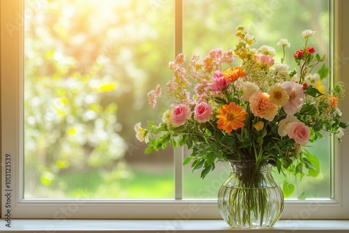 A stunning arrangement of pink, orange, and white flowers fills a glass vase, illuminated by warm sunlight streaming through the window. Generative AI