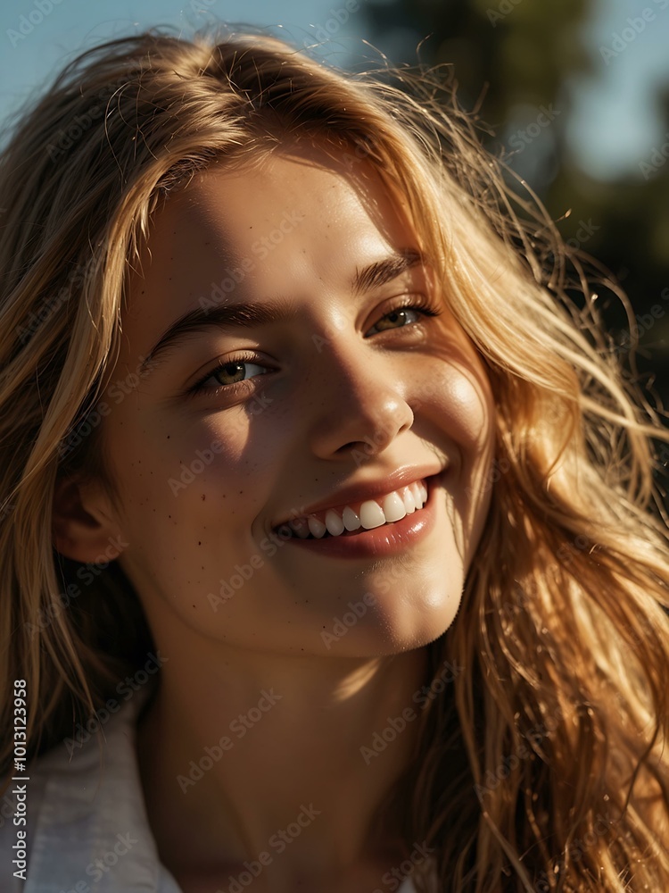 Young woman smiling in sunlight with wind in her hair. Young woman smiling in sunlight with wind in her hair.