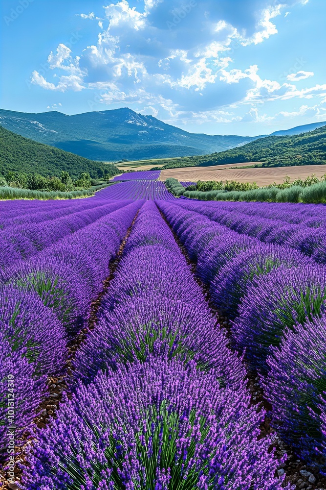 Obraz premium Scenic view of lavender field with mountains in the distance under blue sky