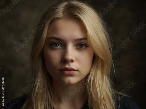 Young woman with blonde hair in a portrait.