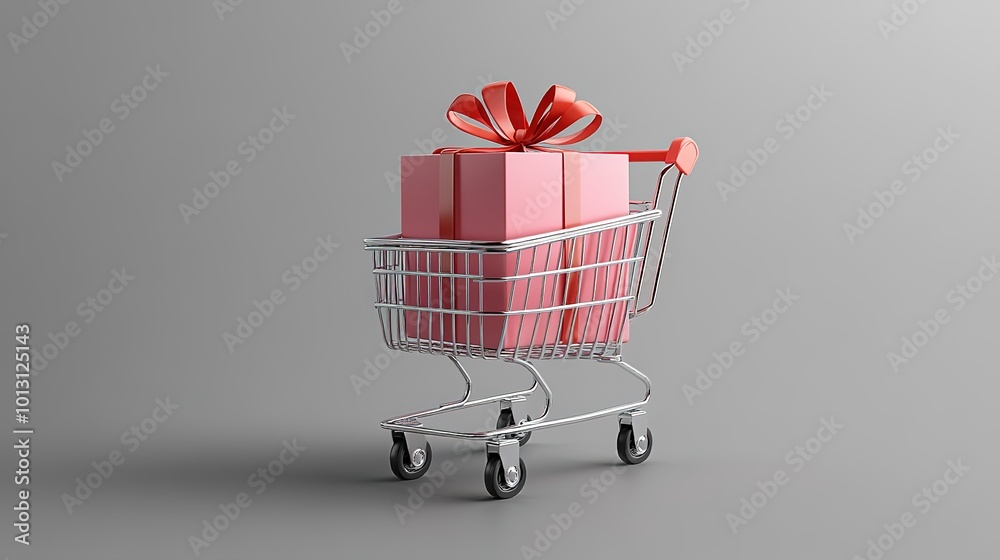 Shopping cart 3d with a package gift box, on blur background, Generative Ai Shopping cart 3d with a package gift box, on blur background, Generative Ai