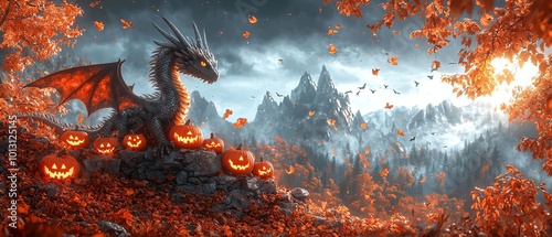 A dragon sitting atop a crumbling stone wall, surrounded by jackolanterns and autumn leaves, with foggy mountains in the background, designed for Halloween promotions photo