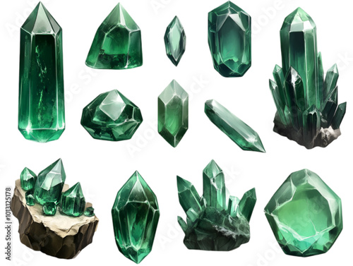Emerald Set, Different Types of Emeralds, Vector Illustration, Isolated on White Background


