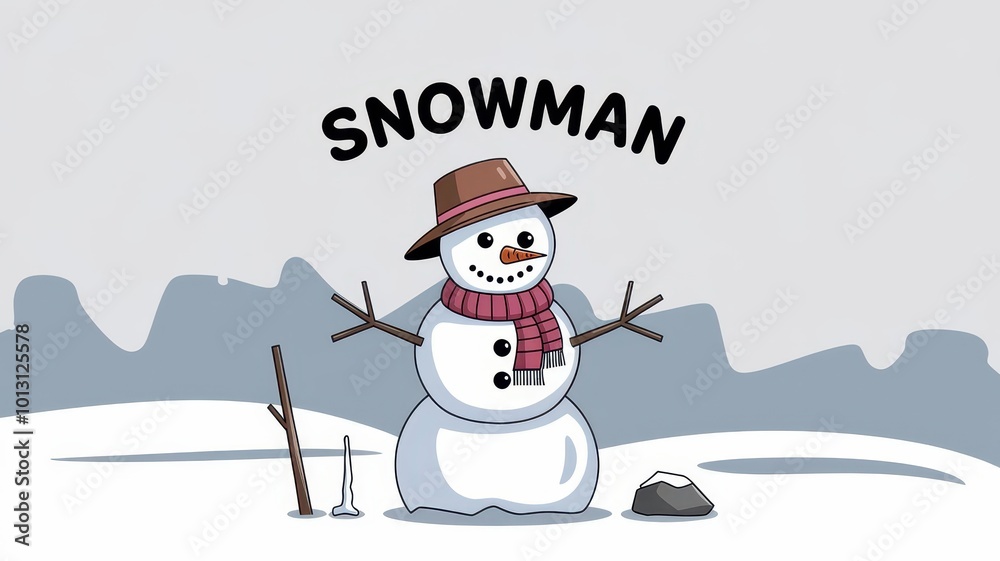 Fototapeta premium Snowman winter illustration, snowman cartoon illustration in the snowfall winter season cold weather
