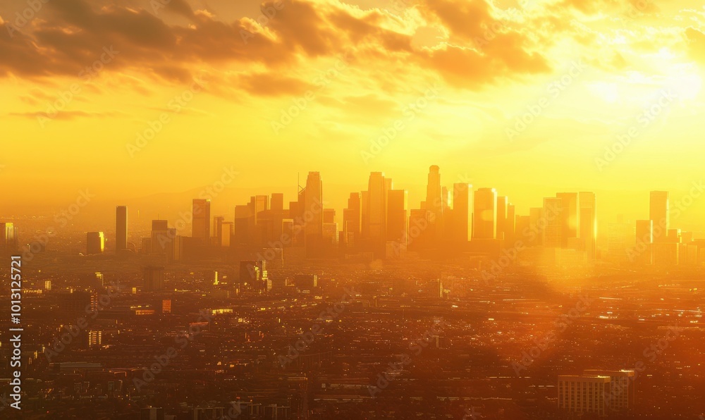 Urban skyline at sunset with a golden hue, 4K hyperrealistic photo Urban skyline at sunset with a golden hue, 4K hyperrealistic photo