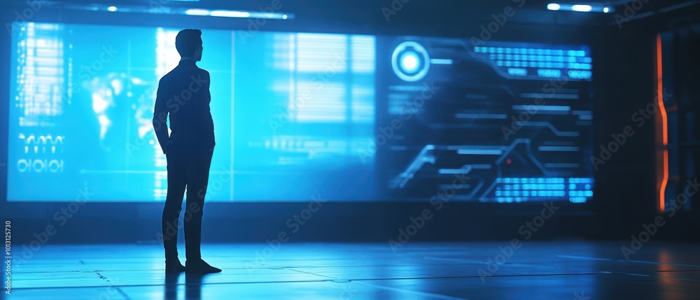 A silhouette of a person stands before a vibrant, futuristic interface filled with glowing data displays and technological elements. A silhouette of a person stands before a vibrant, futuristic interface filled with glowing data displays and technological elements.