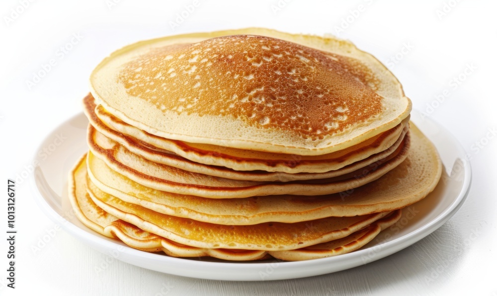 Stack of fluffy pancakes, white background, 4K hyperrealistic photo Stack of fluffy pancakes, white background, 4K hyperrealistic photo