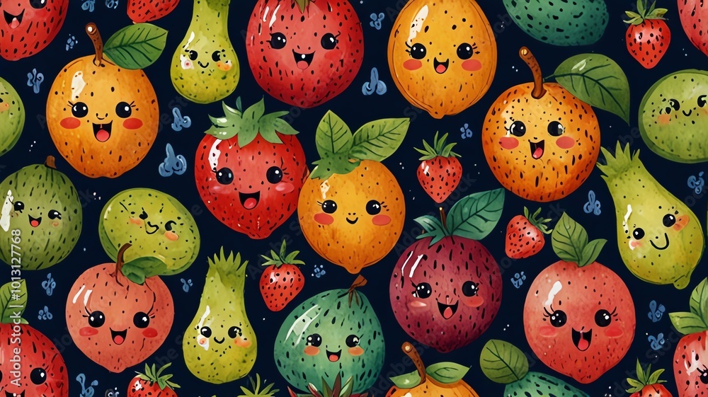 Obraz premium Cute fruit faces seamless pattern.