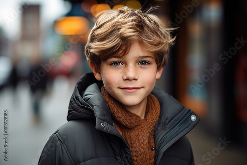 Outdoor portrait of a cute little boy wearing warm clothing and scarf