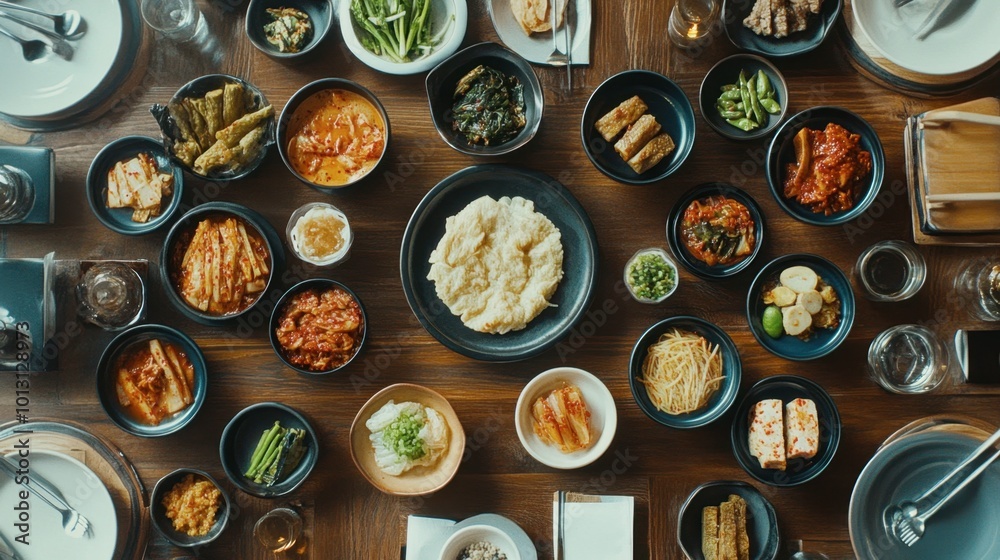 A beautifully arranged table featuring a variety of banchan (side dishes), including pickled vegetables, seasoned tofu, and small servings of kimchi, highlighting Korean dining culture. A beautifully arranged table featuring a variety of banchan (side dishes), including pickled vegetables, seasoned tofu, and small servings of kimchi, highlighting Korean dining culture.
