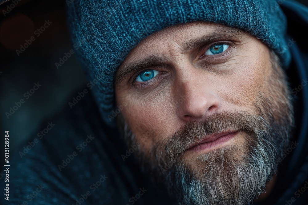 A close-up portrait shows a man in a grey beanie with piercing blue eyes. His weathered face exudes experience and introspection, set against a blurred background. A close-up portrait shows a man in a grey beanie with piercing blue eyes. His weathered face exudes experience and introspection, set against a blurred background.
