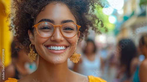 Young woman with beard and glasses smiles at outdoor festival during sunset