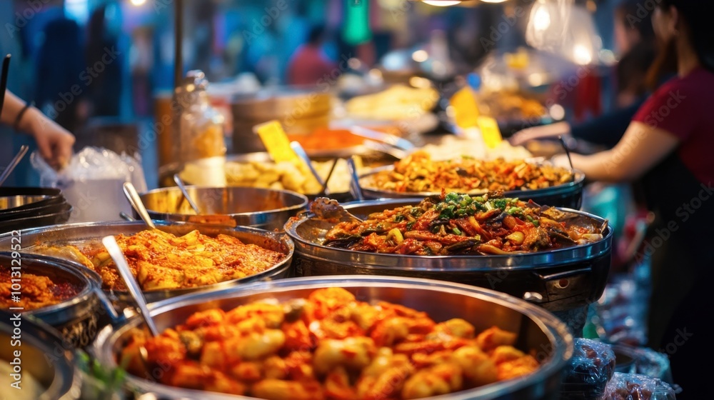 A bustling scene of a Korean food festival, with colorful stalls offering various traditional dishes, showcasing the rich culinary culture of Korea. A bustling scene of a Korean food festival, with colorful stalls offering various traditional dishes, showcasing the rich culinary culture of Korea.