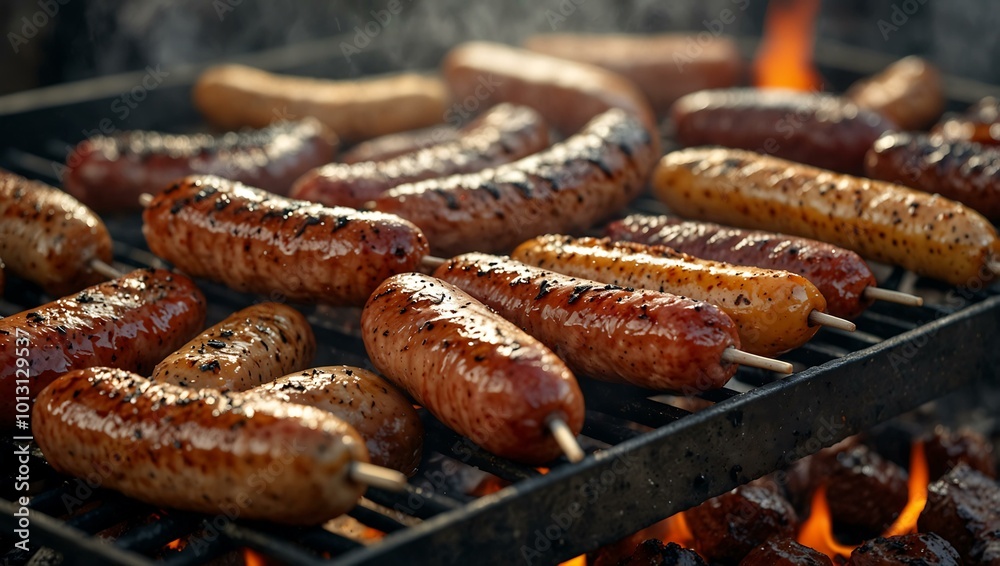 Various sausages and meats grill on a hot barbecue, surrounded by smoke and flames, enhancing their flavors. Various sausages and meats grill on a hot barbecue, surrounded by smoke and flames, enhancing their flavors.