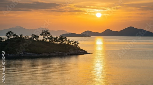 A captivating view of the islands in Satun during the golden hour, with soft lighting enhancing the scenery.