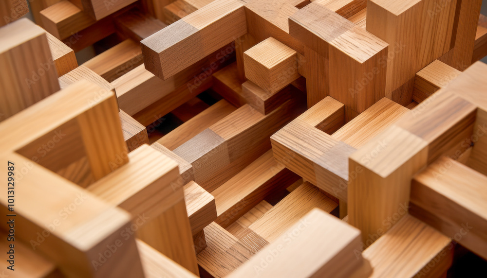 An abstract composition of wooden blocks interlocked in a complex geometric pattern, creating a visually intricate and textured structure An abstract composition of wooden blocks interlocked in a complex geometric pattern, creating a visually intricate and textured structure