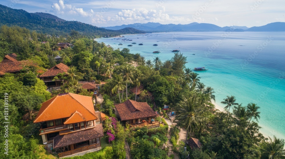 A charming resort on Koh Lipe, surrounded by palm trees and offering stunning views of the turquoise waters and nearby islands. A charming resort on Koh Lipe, surrounded by palm trees and offering stunning views of the turquoise waters and nearby islands.