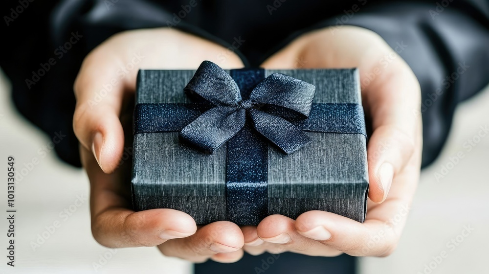 A woman holding a gift box with both hands, smiling as she prepares to give it to someone special, with a cozy living room in the background. A woman holding a gift box with both hands, smiling as she prepares to give it to someone special, with a cozy living room in the background.