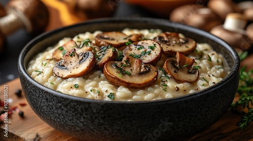 Creamy mushroom risotto topped with sliced mushrooms and fresh herbs