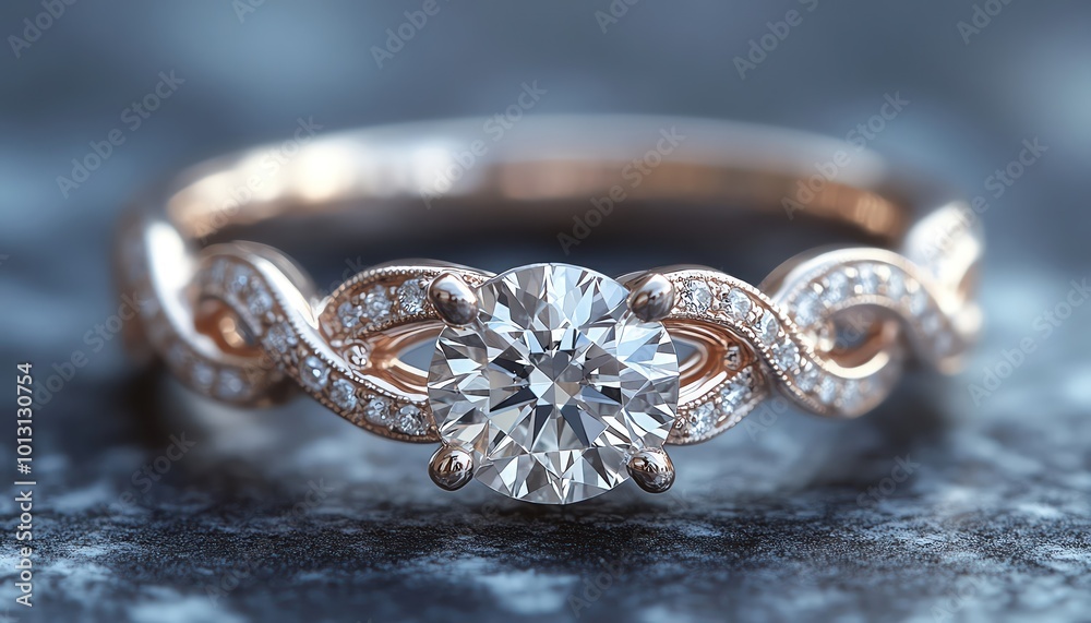 Elegant diamond engagement ring with a detailed twisted band on a textured surface Elegant diamond engagement ring with a detailed twisted band on a textured surface