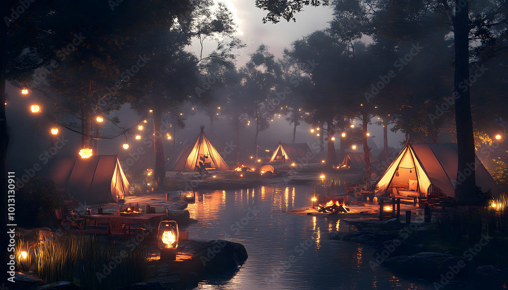 Bird's-eye View Cozy Night Camping Scene with Tent, Lakeside Campfire, Lanterns, and Forest, Perfect Outdoor Adventure and Relaxation design
