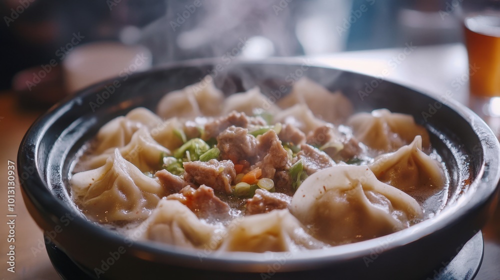 A close-up of a steaming bowl of mandu (Korean dumplings), filled with meat and vegetables, served with a dipping sauce on the side. A close-up of a steaming bowl of mandu (Korean dumplings), filled with meat and vegetables, served with a dipping sauce on the side.