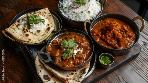 A delicious assortment of Indian curries served with naan and rice, beautifully displayed on a wooden table. Perfect for showcasing the vibrant flavors of Indian cuisine.