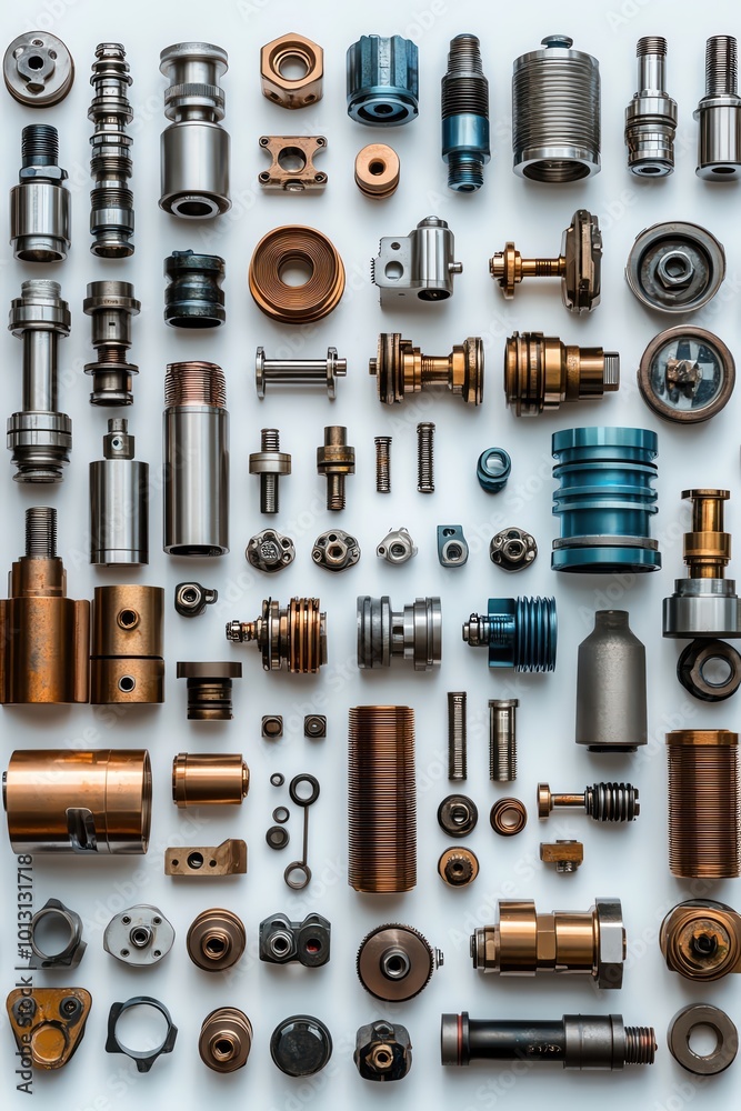 Metal parts arranged on white, sharp overhead view, bright lighting emphasizes detail Metal parts arranged on white, sharp overhead view, bright lighting emphasizes detail
