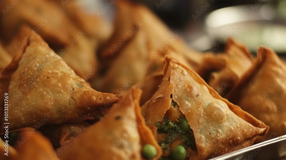 A close-up of freshly made Indian samosas filled with spiced potatoes and peas, served with mint chutney for a delicious appetizer. A close-up of freshly made Indian samosas filled with spiced potatoes and peas, served with mint chutney for a delicious appetizer.