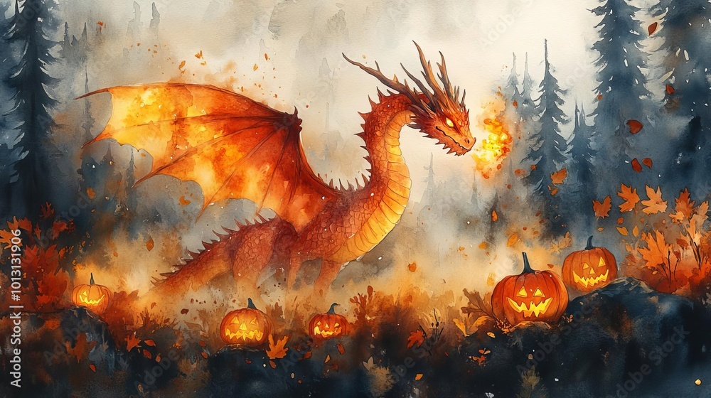 A glowing dragon with fiery breath flying through a foggy, haunted forest filled with jackolanterns and autumn leaves, perfect for Halloweenthemed ads A glowing dragon with fiery breath flying through a foggy, haunted forest filled with jackolanterns and autumn leaves, perfect for Halloweenthemed ads