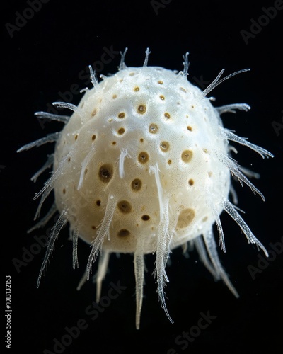 the Bathycoccus Picoplankton, portrait view, white copy space on right, Isolated on black Background