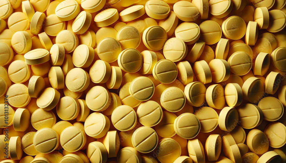Large Pile of Yellow Tablets in a Medical-Themed Layout Large Pile of Yellow Tablets in a Medical-Themed Layout