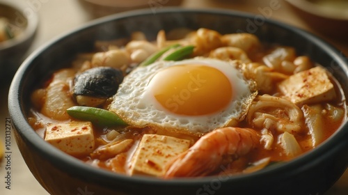 A close-up shot of a bowl of sundubu jjigae (soft tofu stew), with silken tofu, seafood, and vegetables simmering in a spicy broth, topped with an egg.