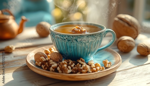 Teacup with walnuts on a wooden table, warm and inviting atmosphere.