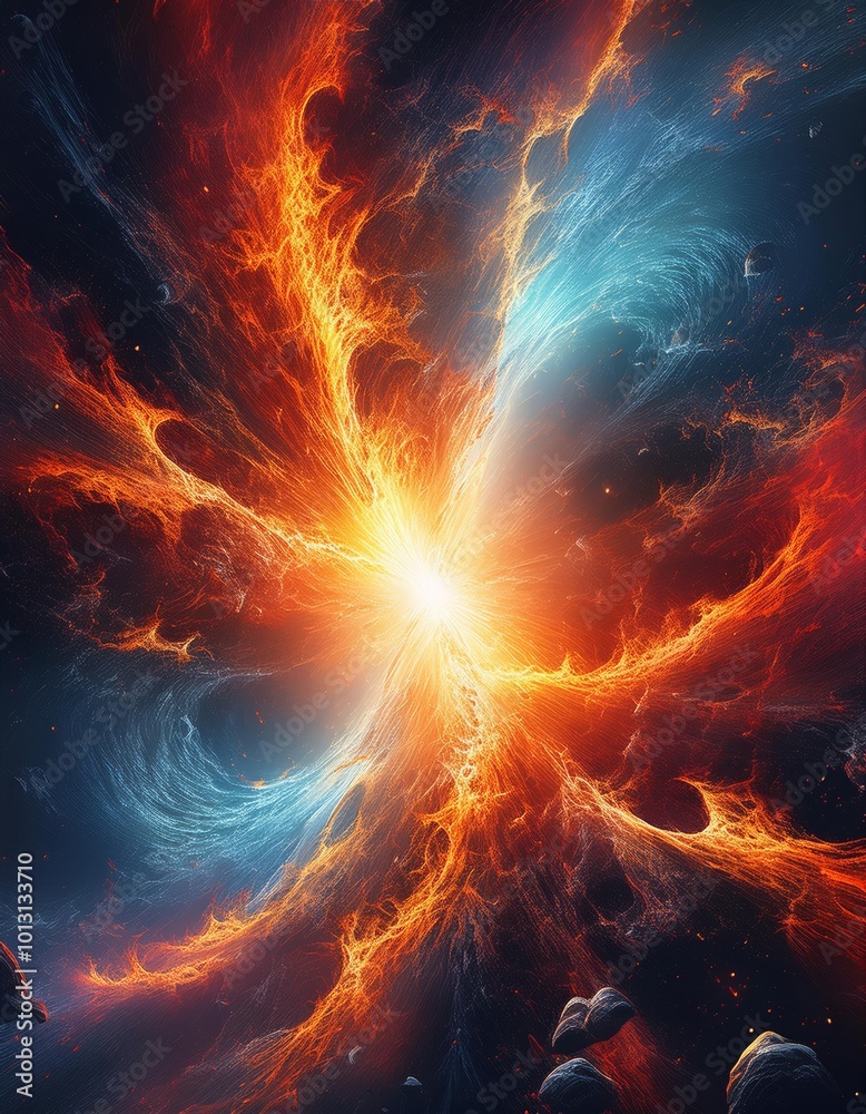Dramatic Image of a Supernova Explosion with Fiery Colors and Shockwaves Radiating Outward