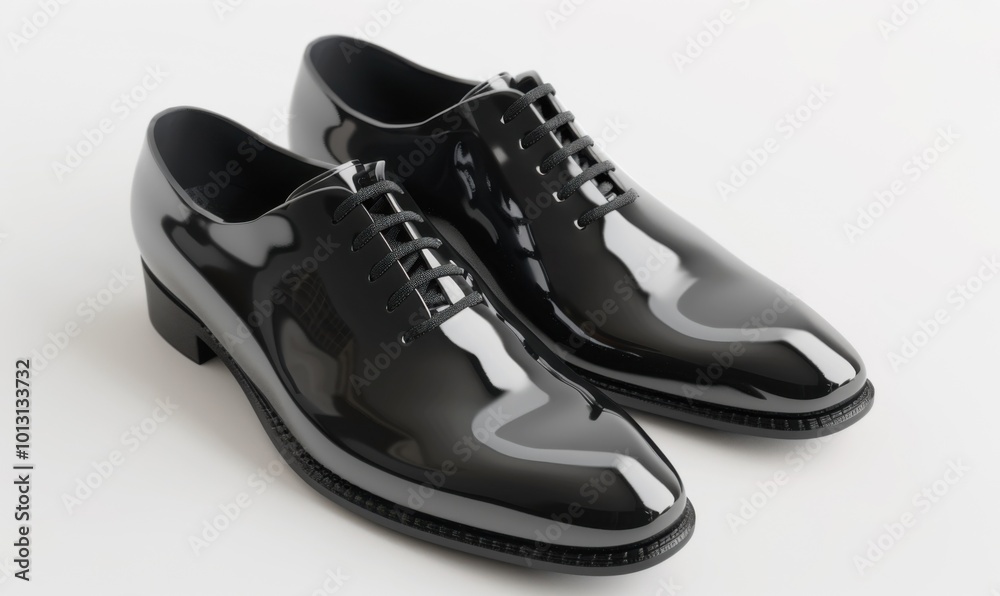 Pair of sleek black dress shoes, white background, 4K hyperrealistic photo Pair of sleek black dress shoes, white background, 4K hyperrealistic photo