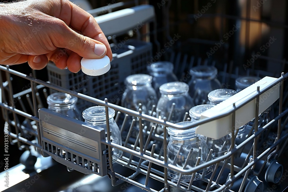 Close-up of a hand inserting a dishwasher tablet into the machine. Close-up of a hand inserting a dishwasher tablet into the machine.