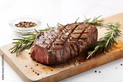  A juicy, grilled steak with rosemary on a wooden cutting board.