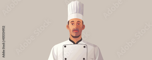 Chef in a traditional white uniform and tall hat, flat portrait, vector illustration.