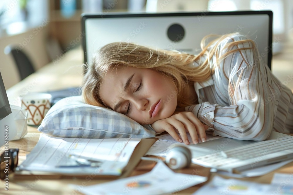 High angle view of an exhausted young businesswoman sleeping at her desk in the office, surrounded by a computer, paperwork, and a pillow. She looks unhappy and overwhelmed by the stress High angle view of an exhausted young businesswoman sleeping at her desk in the office, surrounded by a computer, paperwork, and a pillow. She looks unhappy and overwhelmed by the stress