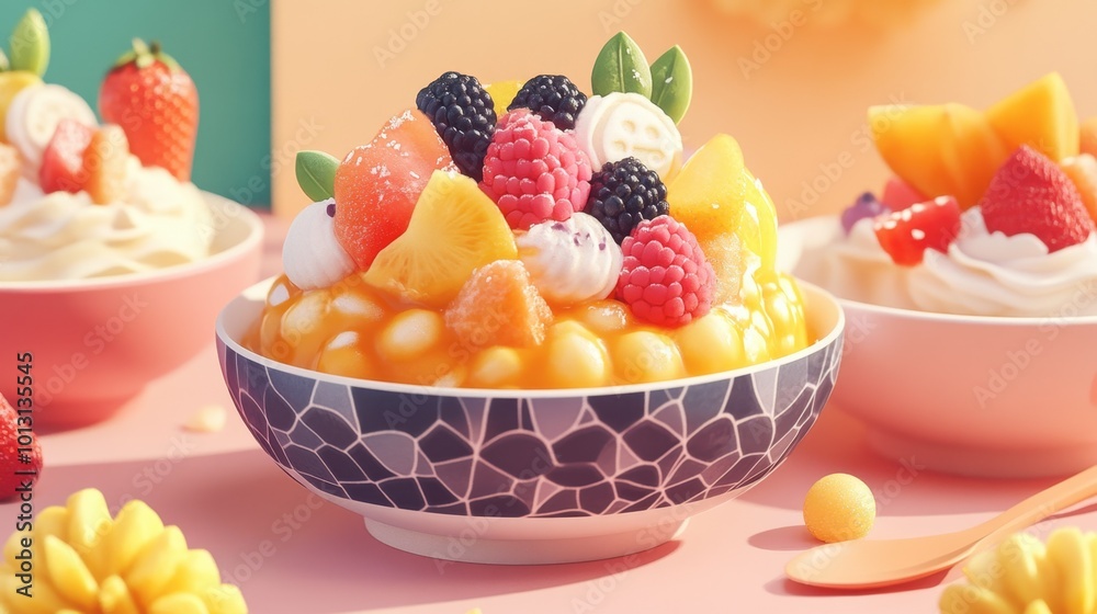 A delightful dessert scene featuring bingsu topped with colorful fruit and sweet red bean, served in a traditional bowl, perfect for summer. A delightful dessert scene featuring bingsu topped with colorful fruit and sweet red bean, served in a traditional bowl, perfect for summer.