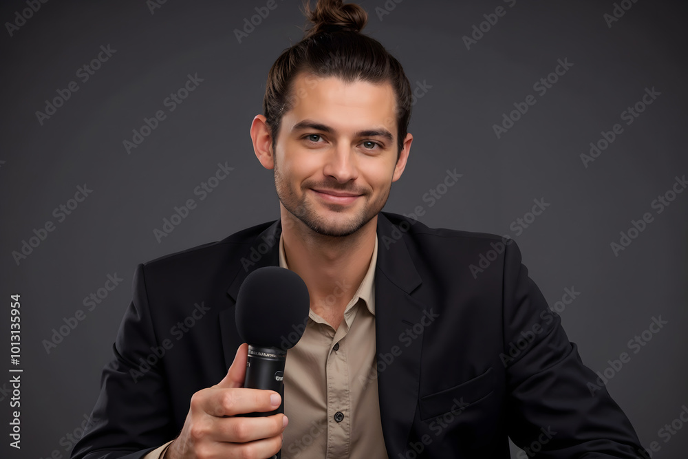 Naklejka premium Young journalist smiling confidently while holding a microphone against a dark background 